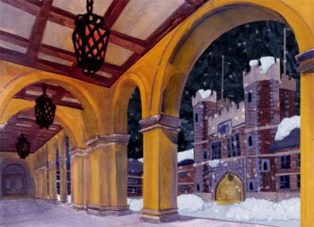 View of Brookings Hall in snow through an archway