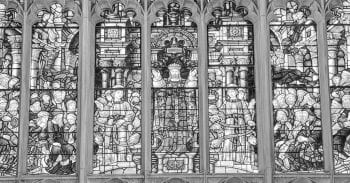 Black and white image of stained glass inside Graham Chapel